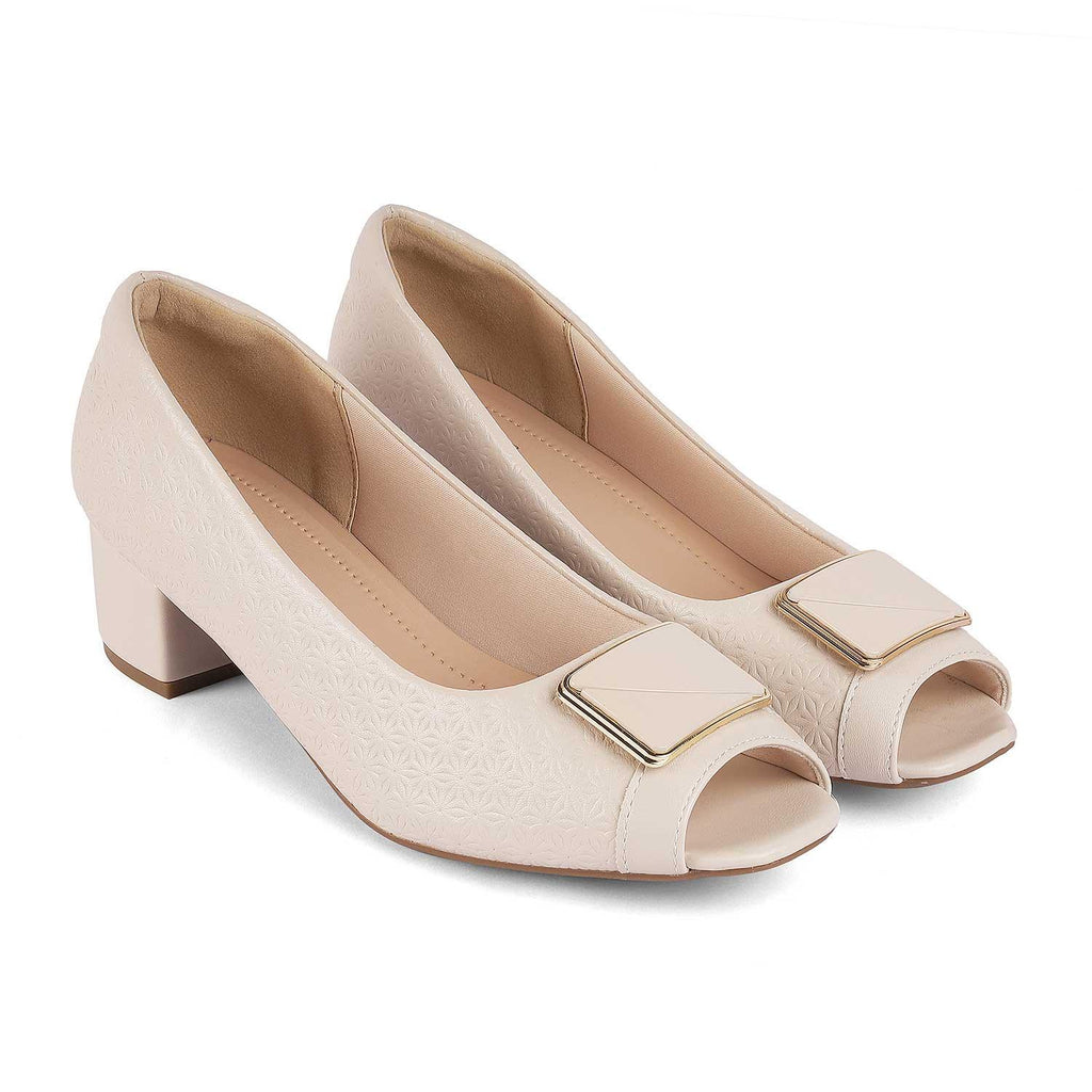 Women’s Elegant Beige Peep-Toe Block Heel Shoes
