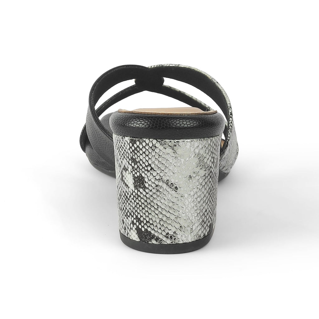 Snafun Black Women’s Croc-Embossed Block Heel Sandals