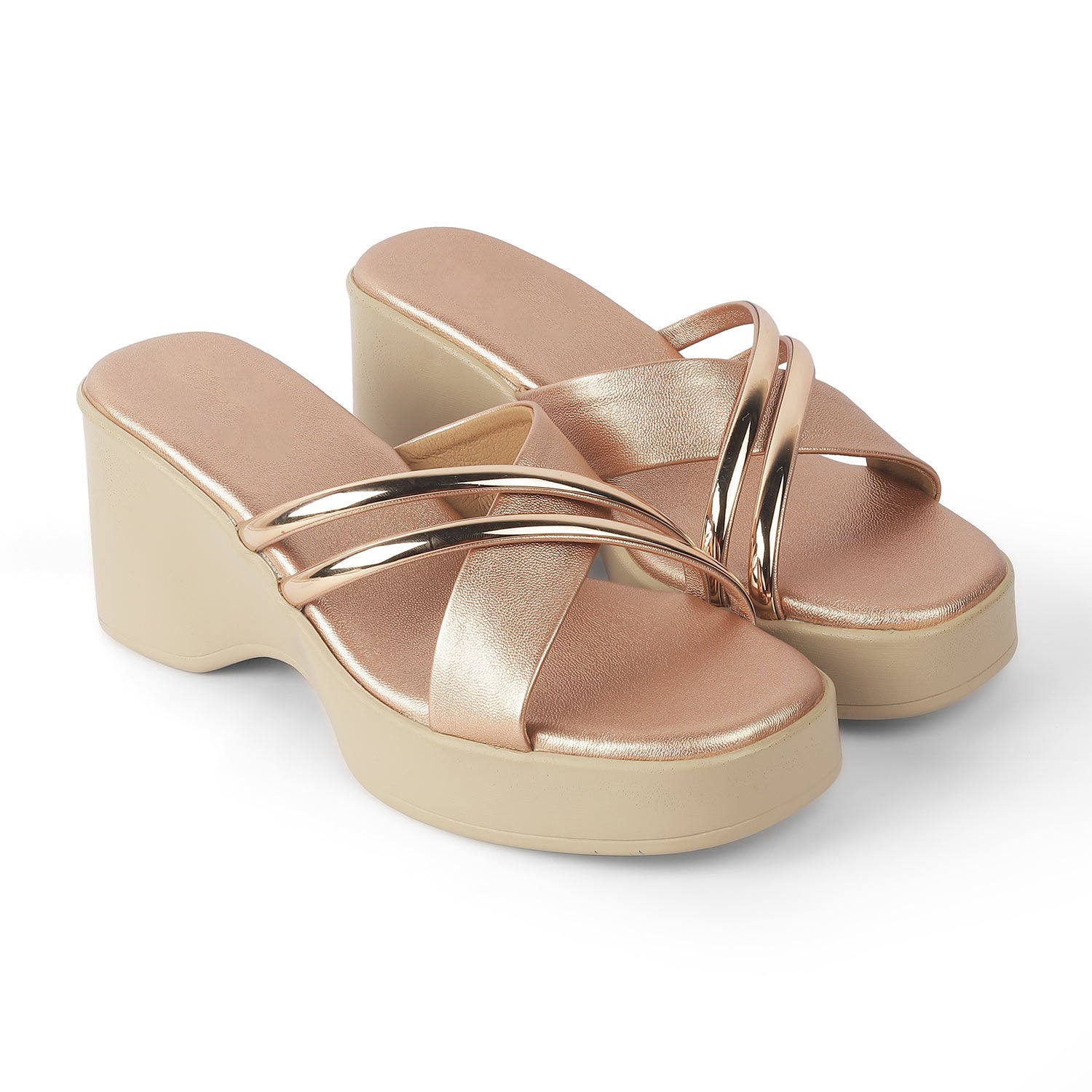 Coglam Champagne Wedge Sandals for Women | Vegan Leather Dress Shoes