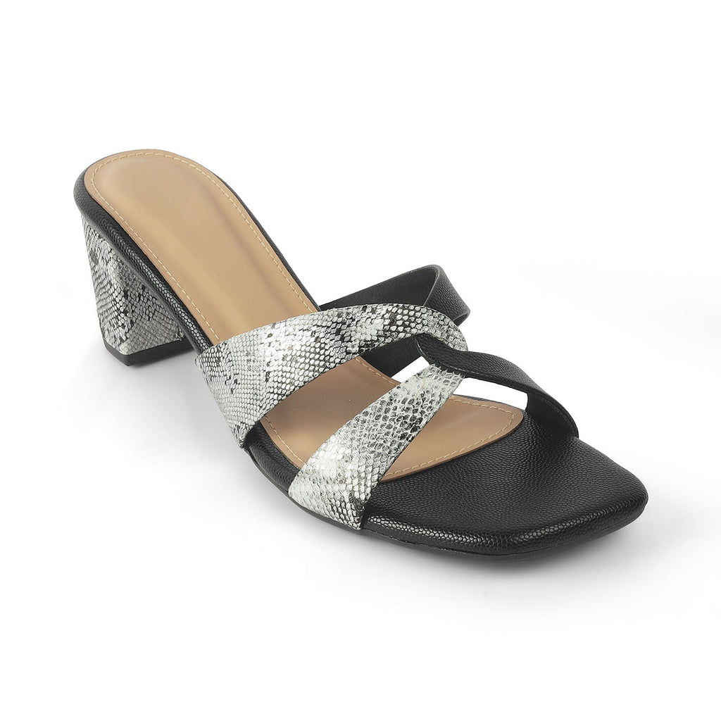 Snafun Black Women’s Croc-Embossed Block Heel Sandals