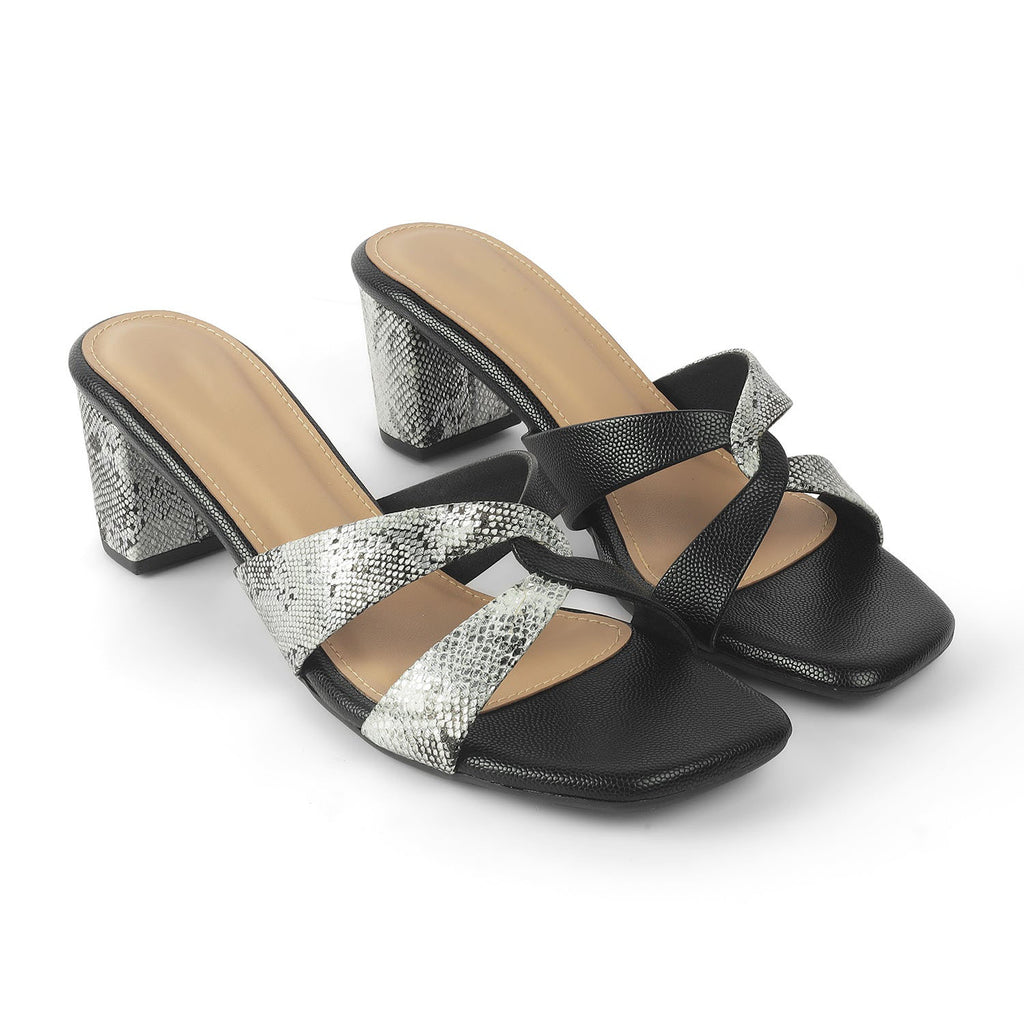 Snafun Black Women’s Croc-Embossed Block Heel Sandals