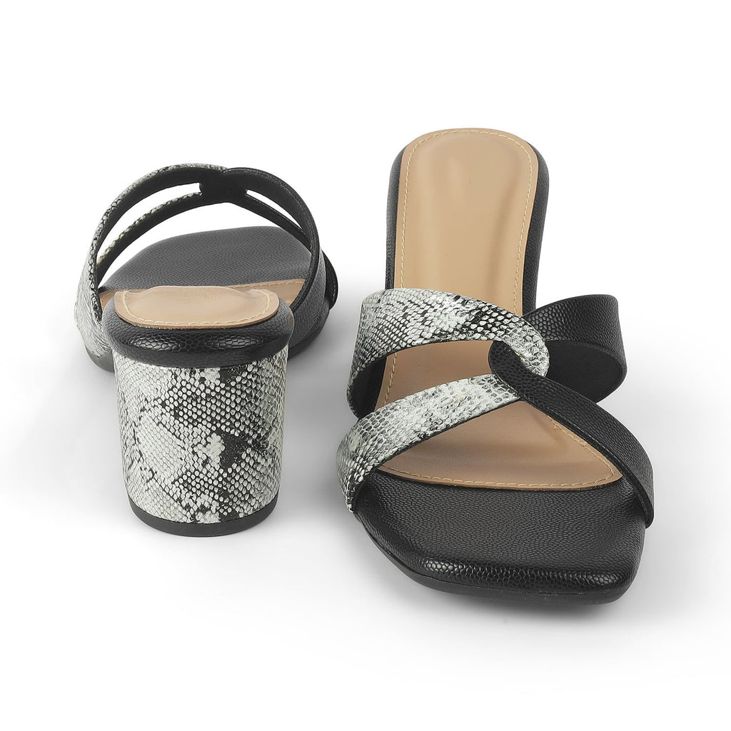 Snafun Black Women’s Croc-Embossed Block Heel Sandals