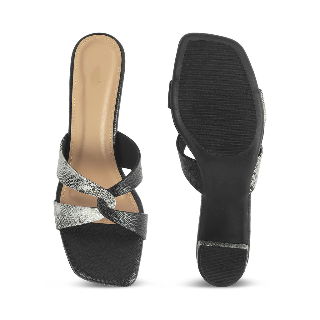 Snafun Black Women’s Croc-Embossed Block Heel Sandals