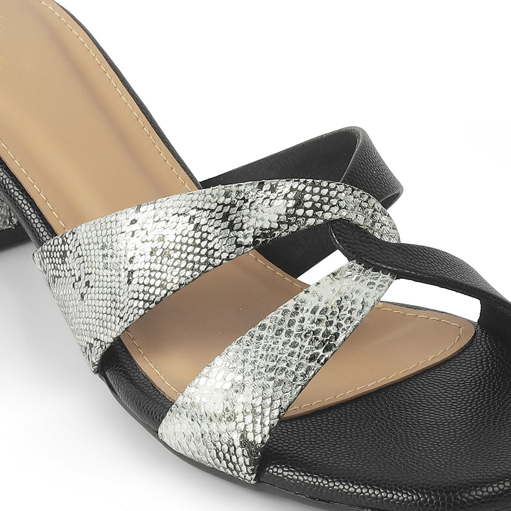 Snafun Black Women’s Croc-Embossed Block Heel Sandals